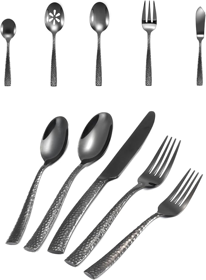 Flatware Set Black Hammered 45 Pieces Stainless Steel Cutlery Set Silverware Serving Set Service for 8 Home Event Use Wedding Housewarming Gift