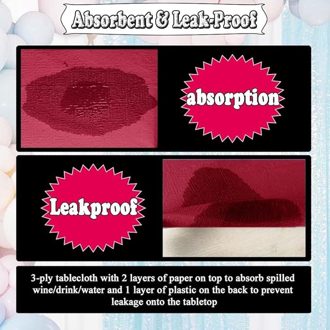 [6 Pack] Burgundy Paper Tablecloth Disposable for Rectangle Tables, 54 X 108 Inch Party Table Cover with Plastic Backing, Waterproof 3 Ply Table Cloth for Christmas Party Xmas