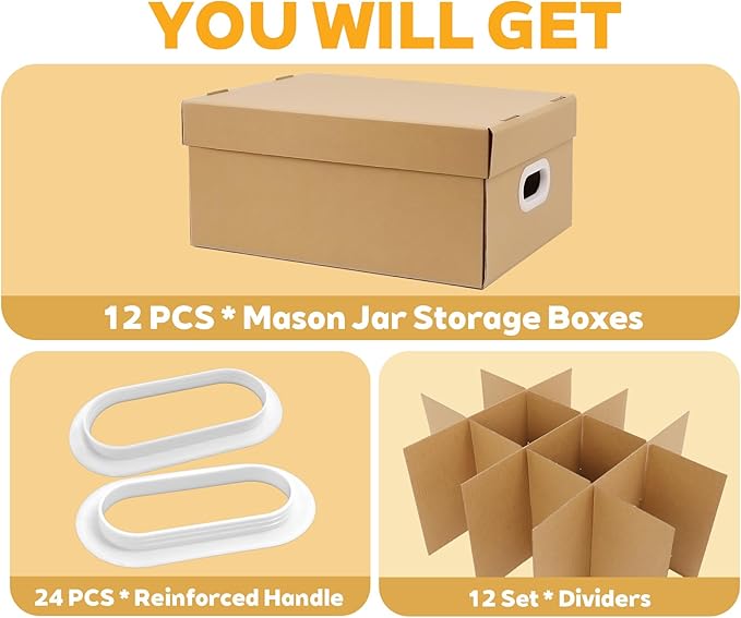 12 Pack Canning Jar Storage Boxes, 32 oz Mason Jar Storage Boxes with Dividers, Mason Jar Organizer with Handles