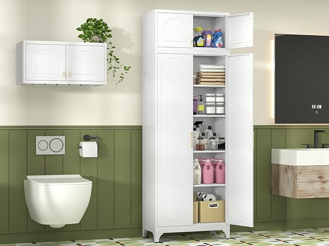 Kitchen Pantry Cabinet, 90" Tall Metal Pantry Cabinet, Food Cupboards with Doors and Shelves, Freestanding Storage Cabinets for Dining, Living Room, 16"D x 32"W x 90"H, White, Assembly Required