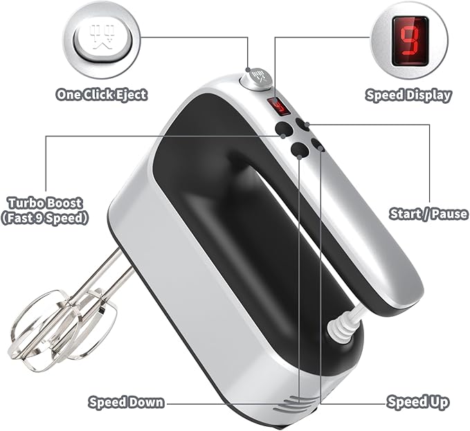 9-Speed Digital Hand Mixer Electric, 400W Powerful DC Motor, Baking Electric Handheld with Snap-On Storage Case, 5 Stainless Steel Accessories, Flat Beaters, Dough Hooks, Whisk(Silvery Black)