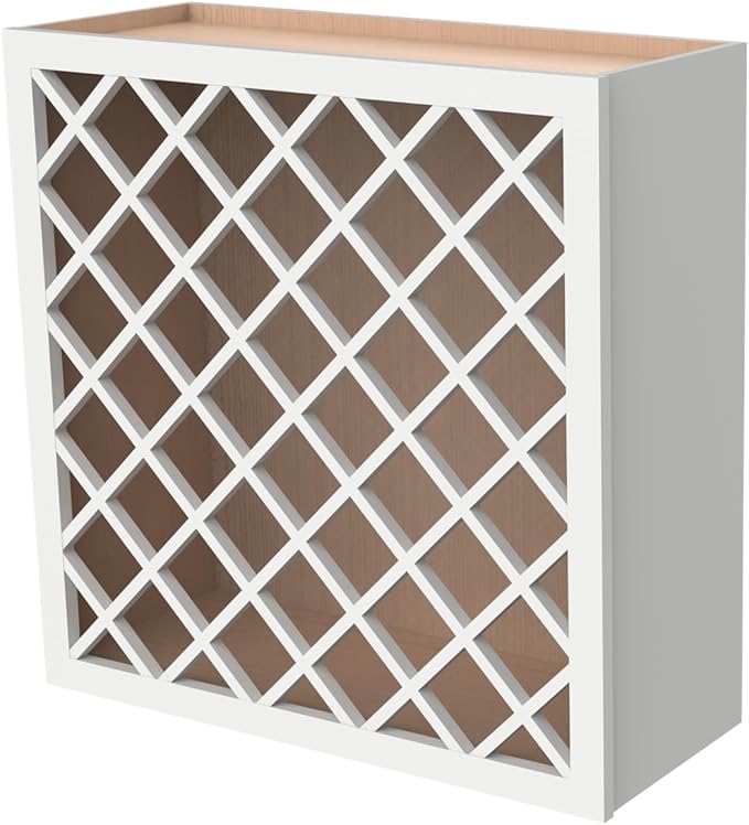 Solid Wood RTA Wine Bottle Rack Wall Cabinet with Lattice Panels - Bottle Holder Storage for Bar, Pantry, or Wine Cellar - Mocha finish Countertop Solution (Origami White, 24?쓂 횞 12?쒭 횞 30?쒱)