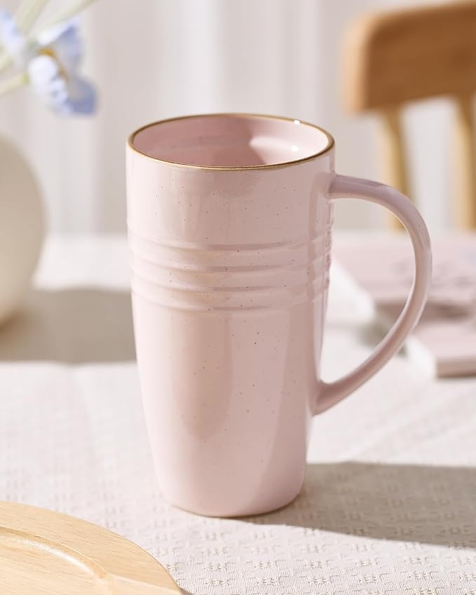 famiware Jupiter Large Coffee Mug, 20oz Coffee Mug with Lid, Ceramic Mugs Set of 2, Cup Set with Handle for Latte, Tea, Cocoa, Milk, Home & Office, Microwave and Dishwasher Safe, Light Pink