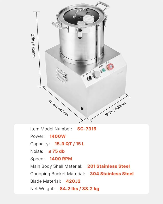 VEVOR Food Processor & Vegetable Chopper, 15.9 Quart Food-Grade Stainless Steel Food Processor Chopper with 2 Extra S-Curve Blades, Ideal for Chopping Vegetables, Fruit, Grains, Nuts