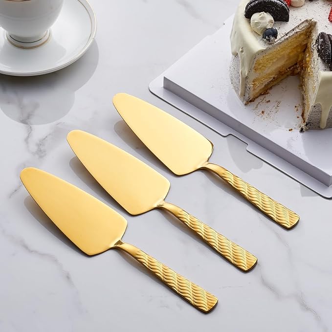 Gold Cake Server, 9.4-inch Stainless Steel Pie Server Spatula, Pizza Server Set of 3, Dishwasher Safe