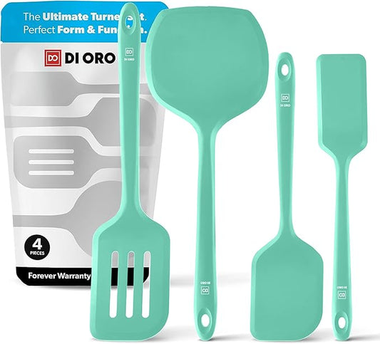 New DI ORO Silicone Turner Spatula Set - Kitchen Spatulas for Nonstick Cookware - Cooking Utensils for Flipping Eggs & Pancakes - 600째F Heat-Resistant BPA Free Turners - Dishwasher Safe (4pc, Mint)