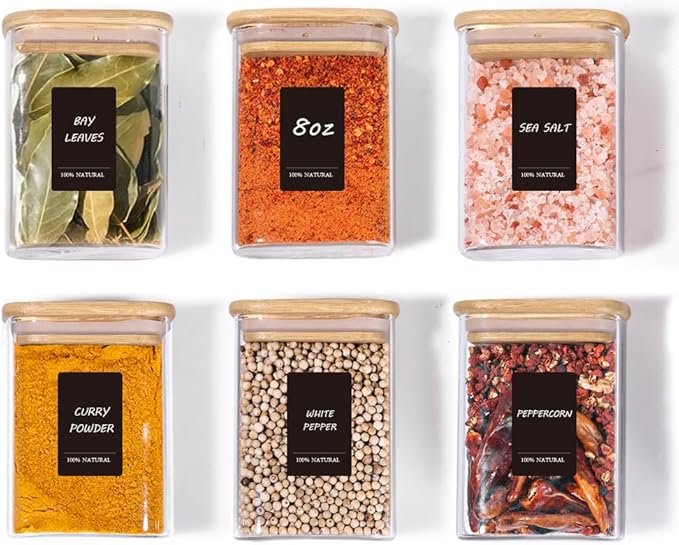 Comsaf Spice Jars with Label竊? oz Small Glass Jars with Lids, 6 Pcs Seasoning Containers, Rectangle Glass Containers with Lids, Empty Seasoning Jars for Pantry Storage, Loose Tea, Herbs, Powders, Salt