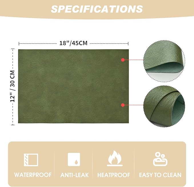 Artoid Mode Olive Green Faux Leather Placemats Set of 6, 12x18 Inch Waterproof Wipeable Heat Resistant Place Mats, Reversible Table Mats for Kitchen Dining Decor