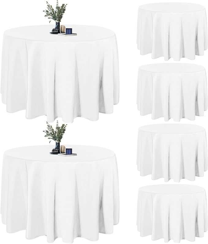 Easy-Going 6 Pack White Tablecloths 120 Inch-Round for 8 Ft Round Table, Washable Polyester Waterproof Stain Resistant Table Cloth, Decorative Table Cover for Kitchen, Dining Tables, Events