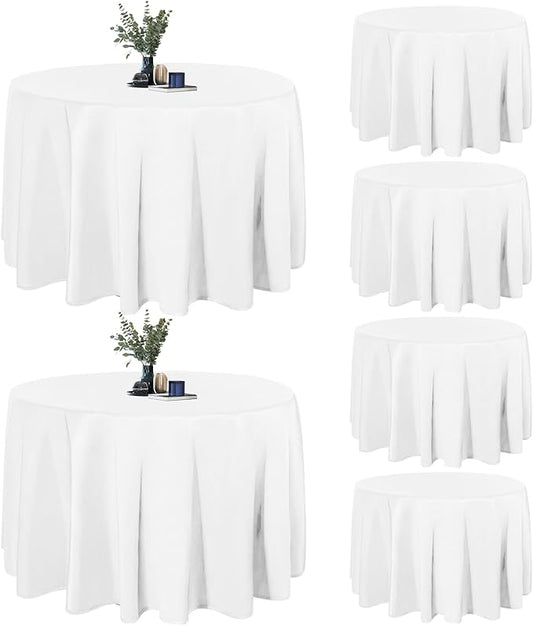 Easy-Going 6 Pack White Tablecloths 120 Inch-Round for 8 Ft Round Table, Washable Polyester Waterproof Stain Resistant Table Cloth, Decorative Table Cover for Kitchen, Dining Tables, Events