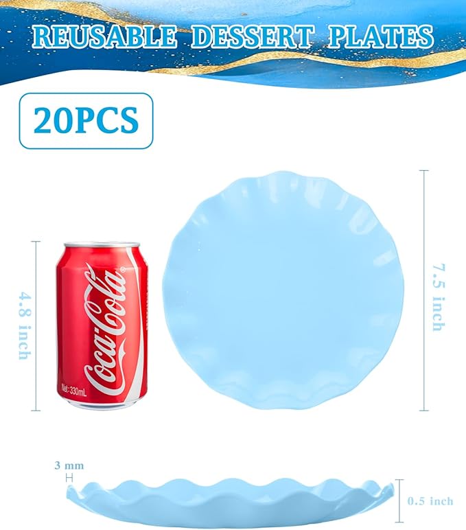 LIYH 20 Pcs Light Blue Plastic Plates Reusable 7.5 Inch - Unbreakable Scalloped Dessert Plates for Weddings Camping Party Outdoor Picnics Dishwasher Safe BPA Free (20Guests)