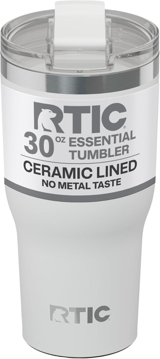RTIC 30oz Essential Tumbler with Lid, Ceramic Lined, Insulated, Stainless Steel, Metal, Double Wall Vacuum-Insulation, Travel Cup for Iced Coffee, Tea, Hot and Cold Drink, White