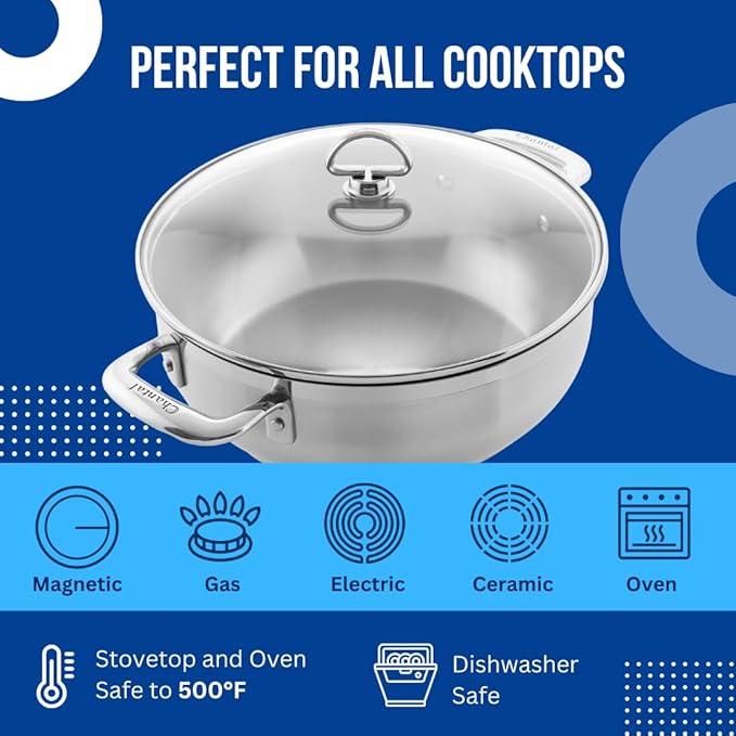 Chantal Induction 21 Steel 5 quart Chef's Pan with Tempered Glass Lid, Brushed Stainless Steel