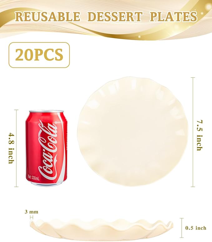 LIYH 20 Pcs Beige Plastic Plates Reusable 7.5 Inch - Unbreakable Plastic Dessert Plates - Scalloped Cake Plate for Weddings Camping Party Outdoor Picnics Dishwasher Safe BPA Free