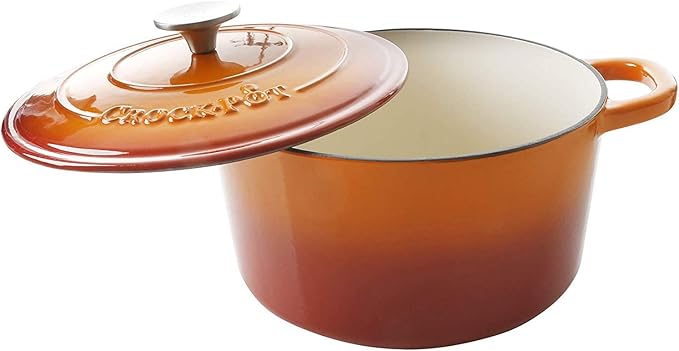 Crock-Pot Artisan 5-Quart Round Enameled Cast Iron Dutch Oven ??Sunset Orange, Durable Heavy-Duty Cookware for Slow Cooking, Roasting, Baking with Lid