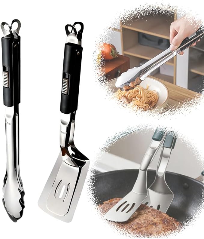 2-in-1 Stainless Steel Grill Clamp & Spatula Tongs ??Heavy Duty BBQ Cooking Utensil with Secure Sliding Lock Handle, for Grilling, Flipping, Serving ??Outdoor & Indoor Kitchen Tool Set (2 Pcs) (Black)