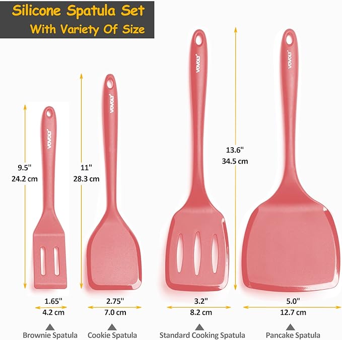 Silicone Spatula Set, 600째F Heat Resistant Silicone Spatula Turner Flipper for Cooking, Non Stick and Non Scratch Kitchen Utensils for Eggs & Pancakes, 4 Pack, Red