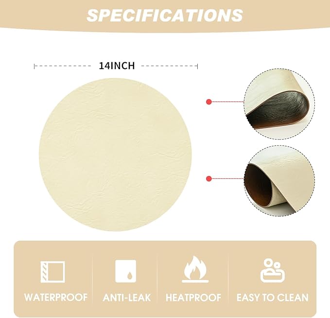 Artoid Mode Beige Faux Leather Placemats Set of 6, 15 Inch Waterproof Wipeable Heat Resistant Place Mats, Reversible Table Mats for Kitchen Dining Decor