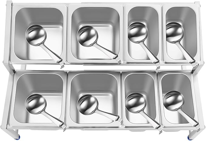 8 PCS Spice Rack Shelf, 2-Tier Stainless Steel Spice Organizer Stand with Lids and Spoons, Expandable Spice Rack for Buffets, Homes and Commercial Kitchens (4 X 1/9 Pans + 4 X 1/6 Pans)