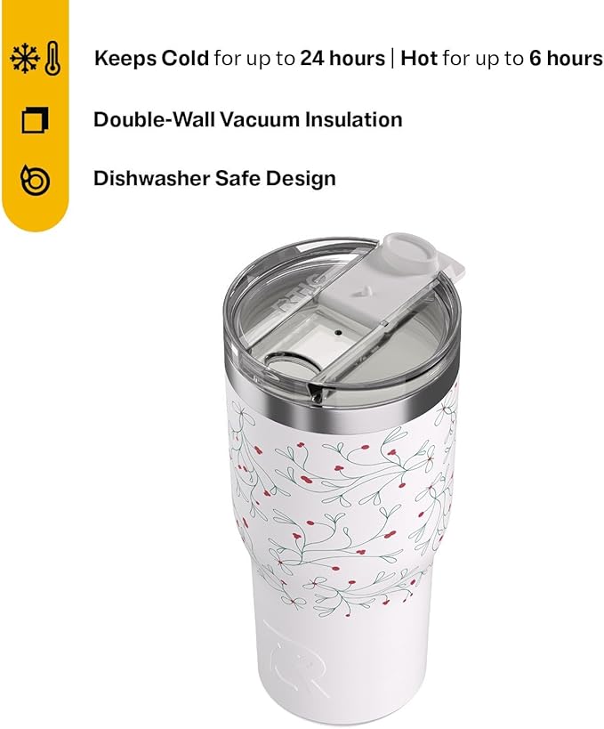 RTIC 30oz Essential Tumbler with Lid, Ceramic Lined, Insulated, Stainless Steel, Metal, Double Wall Vacuum-Insulation, Travel Cup for Iced Coffee, Tea, Hot and Cold Drink, Mistletoe