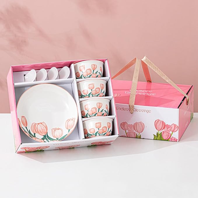 Premium Ceramic Dinnerware Set ??Floral Bowls & Plates Set, Elegant Hand-Painted Design, Microwave Safe, Ideal for Wedding/Housewarming/Corporate Gifts (Tulip, 4*bowls+spoons+plates)