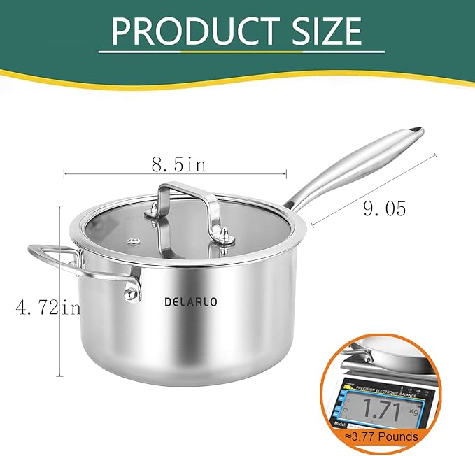 DELARLO Tri-Ply Stainless Steel Saucepan, 3.5 QT Saucepan with Lid, All Stove Compatible 600?? Induction Sauce Pot, Heavy Duty Saucier, Dishwasher Safe Saucepan, Induction Pot 3.5 Quart, Even Heat