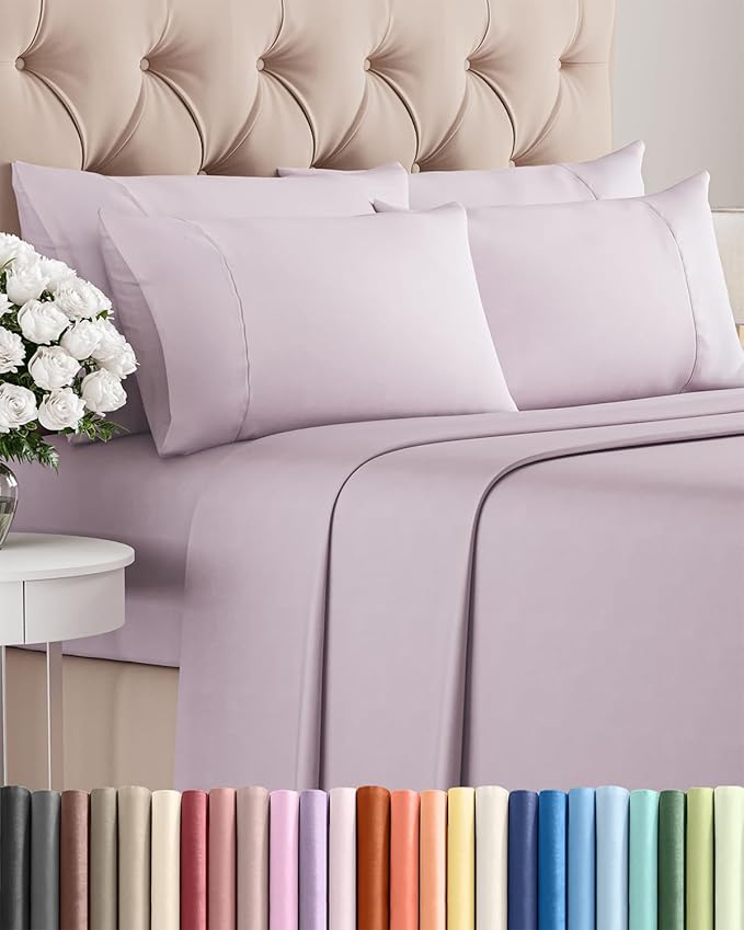 Queen Sheets Set 6 Piece - Includes 4 Pillowcases - Bed Sheets Queen Size - Soft Hotel Luxury Bedding - Cooling, Comfy & Breathable - 1 Flat & 1 Fitted & 4 Pillowcases w/ Deep Pockets - Light Lavender