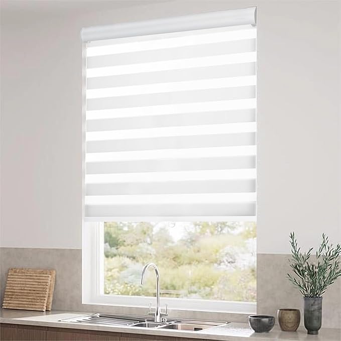 Zebra Blinds for Windows, Roller Window Shades, Blackout Blinds for Windows, Cordless Dual Layer Roll Up Blind Control for Day and Night, 73" W X 72" H, White