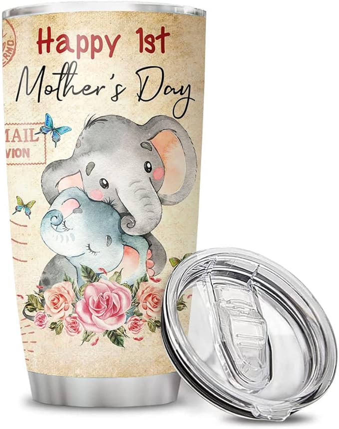First Mothers Day Gifts For New Mom Daughter From Sister Custom Names, Baby Boy Milestone Birth Date - 1st Mothers Day Coffee Mug - 20oz Double Wall Vacuum Insulated Tumbler With Lid for Woman