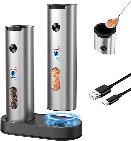 CIRCLE JOY Rechargeable Electric Salt and Pepper Grinder Set, 2-speed Stainless Steel Automatic Pepper Mill Grinder w/Charging Base, Adjustable Coarseness, LED Light, 110ml Large Capacity Top Fill