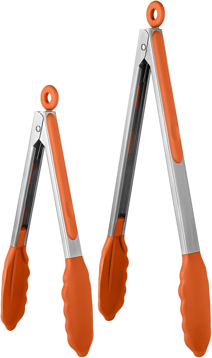 600쨘F Heat Resistant Kitchen Tongs: U-Taste 9+12 inch Silicone Cooking Tong Set with Firm Sealed Non Stick Rubber Tips and Silicon Coated 18/8 Stainless Steel Handle for Serving Grilling Salad(Orange)