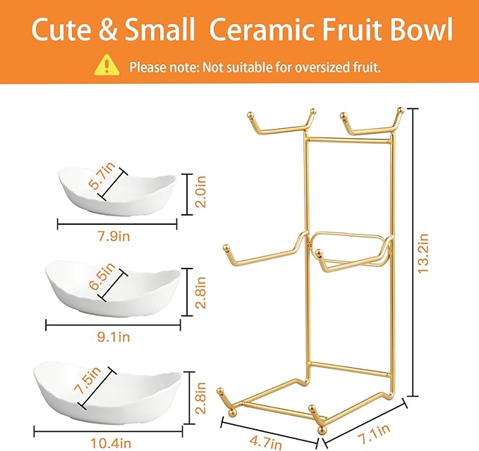 Ceramic Fruit Bowl for Kitchen Counter - 3 Tier Fruit Basket with Metal Stand, Tiered Fruit Stand for Countertop, Snack, Nuts, Cake, Dessert, Cute (Gold, Small)