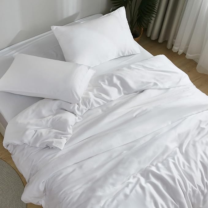 DOZ Sheet Set, 100% Viscose derived from Bamboo, Organically Grown, Buttery Soft, Cooling Sheets, High GSM, Deep Pockets - 3 Piece - 2 Pillowcases 1 Fitted Sheet (Snow, Queen)