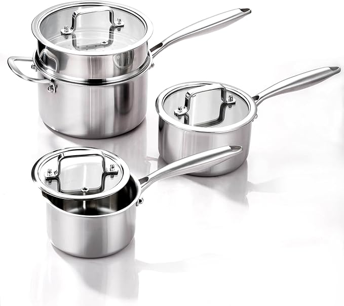 癤풫OUTIUS 1QT+2QT+3.5QT With Steamer Handle Triple Stainless Steel Saucepan with Lid, Ramen Pot with Clear Glass Cover, Small Sauce Pan for Cooking Oatmeal, Dishwasher-Safe, Suitable for All Stoves