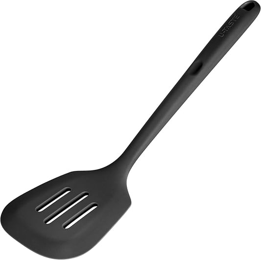 600쨘F Heat Resistant Slotted Turner: U-Taste 13.6in Silicone Kitchen Spatula Flipper, 3.74in Wide Food Grade Flexible Thin Rubber Cooking Utensil for Egg, Pancake, Cookie in Nonstick Cookware (Black)