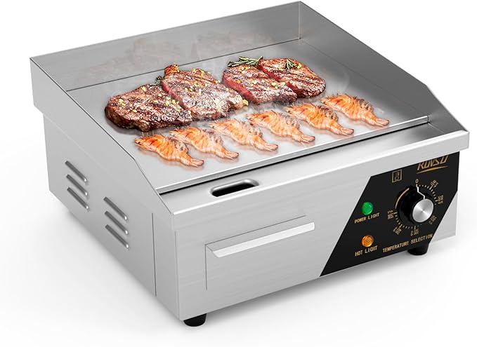 ROVSUN 14" Electric Countertop Flat Top Griddle, 1500W Electric Griddle, Teppanyaki Grill Stainless Steel with Adjustable Temperature Control 122째F-572째F for Home Restaurant Commercial
