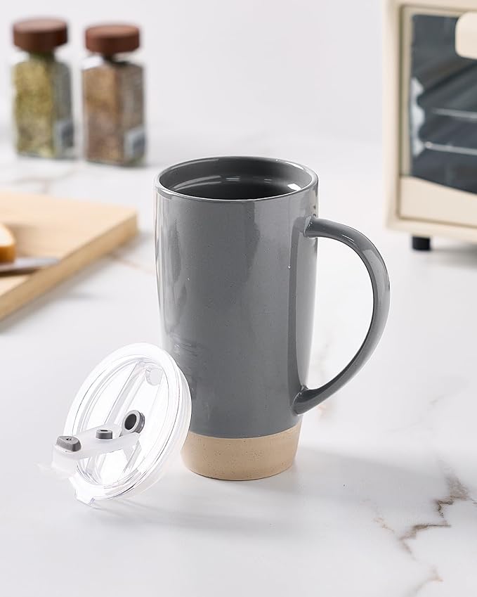 famiware Milkyway Coffee Mugs, 20oz Large Coffee Mug, Ceramic Mug Set of 2 with Lid, Cup Set with Handle for Latte, Tea, Cocoa, Milk, Home & Office, Dark Gray