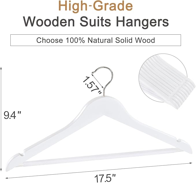 TOPIA HANGER Wooden Coat Hangers 20 Pack, White Wood Suit Hangers with Non Slip Pants Bar, 360째 Swivel Hook and Shoulder Notches for Camisole, Jacket, Pants, Smooth Finish Clothes Hangers - CT34W20