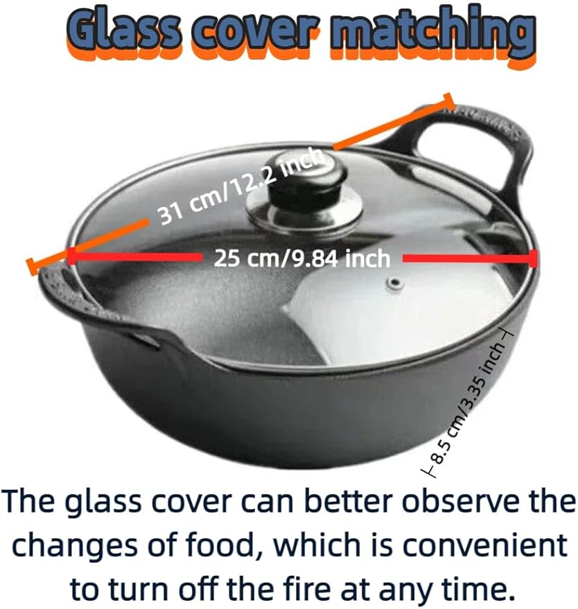 cast iron Dutch oven large-capacity pot with lid is used for baking bread and stewing meat-heavy-duty casting cooker iron pot is used for stewing, baking and bread baking. (Glass cover, 9.84in*3.4in)