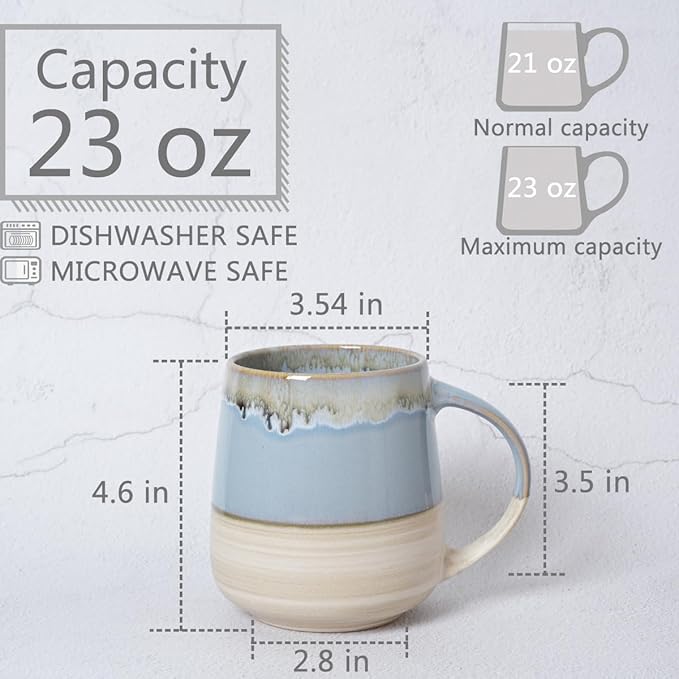 Bosmarlin Extra Large Ceramic Coffee Mug, 23 Oz, Dishwasher and Microwave Safe, Oversized Big Tea Cup, Reactive Glaze (Light Blue)