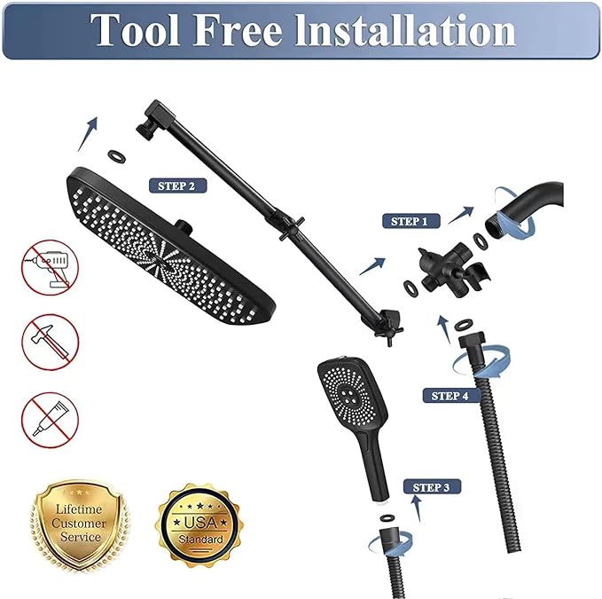 High Pressure Rain Shower Head with Handheld Spray Combo, 12 Inch Rainfall Shower Heads with Adjustable Extention Arm, Wide Dual Waterfall Showerhead with 3-Way Diverter(Matte Black)