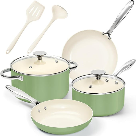MICHELANGELO Pots and Pans Set Non Stick - Ceramic Cookware Set Non Toxic, 8-Pcs Nonstick Pots and Pans with Ergonomic Handle, Dishwasher Safe & Induction Compatible, Green