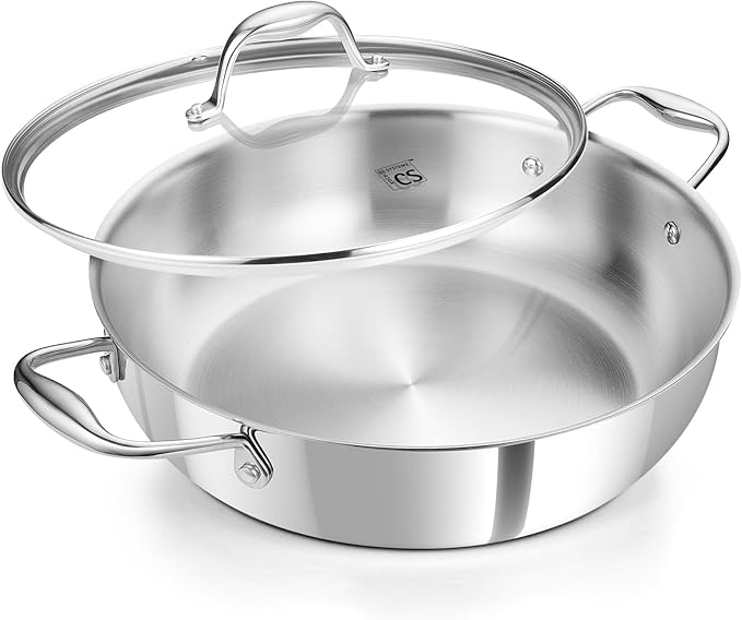 KOCH SYSTEME CS Tri-Ply Stainless Steel Saute Pan with Lid, 12 Inch Deep Frying Pan with Double Handles, 6 Quart 18/10 Stainless Steel Pan, Large Skillet, Induction Compatible, Oven Safe, Non Toxic