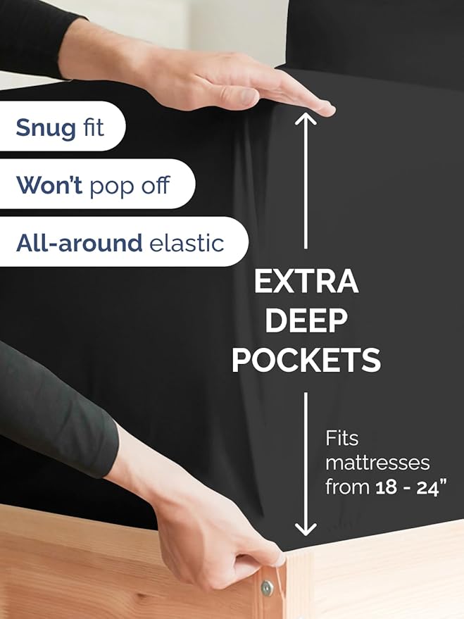 Extra Deep Pocket Twin Sheets - 3 Piece Breathable & Cooling Bed Sheets - Hotel Luxury Bed Sheet Set - Soft, Wrinkle Free & Comfy - Easily Fits Extra Deep Mattresses - Deep Pocket Black Sheets Set