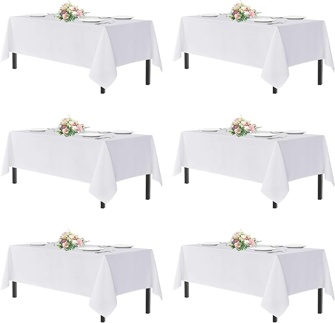 sancua White Table Cloths Rectangle, 6 Pack Tablecoths for 6 Foot Tables - 60x102 Inch - Washable Polyester Fabric Table Cover for Wedding, Birthday Party, Banquet Reception