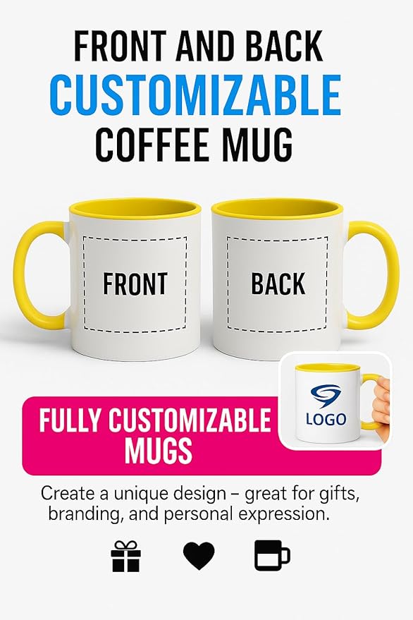 Personalized Coffee Mug | Custom Photo, Text, or Logo Cup (11oz, Yellow Rim, Inner, and Handle) |Dishwasher & Microwave Safe |Unique Gift for Men & Women ?밫aza Personalizada