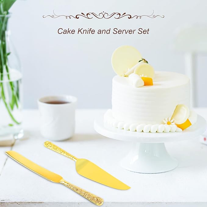 Gold Cake Cutting Set, 2 PCS Wedding Cake Knife and Server Set, Vintage Engraved Cake Cutter and Serving Spatula for Wedding, Birthday, Anniversary, Party