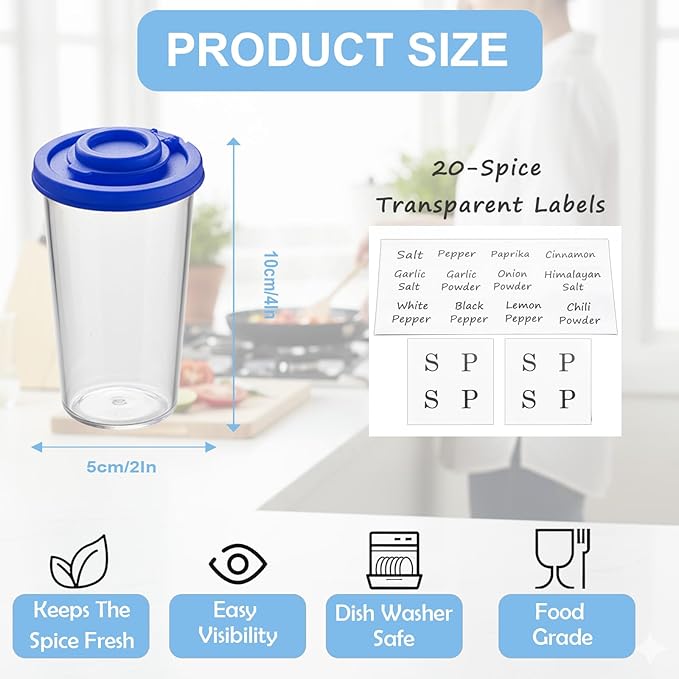 Plastic Salt and Pepper Shakers Set with 4 Color Lids & 20 Labels ??Clear Spice Jars, Reusable, Refillable Seasoning Containers for Kitchen, Cooking, Baking ??Easy Storage & Organization