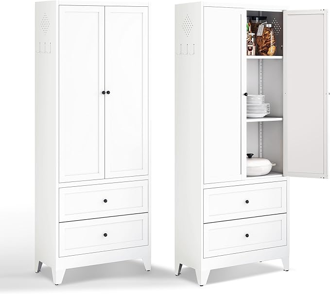 72" Metal Storage Cabinet with 2 Drawer, 2 Adjustable Shelves & Hooks, Utility Kitchen Pantry Cabinet for Home, Living Room, Pantry, Assemble Required (White)