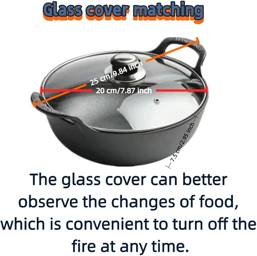 cast iron Dutch oven large-capacity pot with lid is used for baking bread and stewing meat-heavy-duty casting cooker iron pot is used for stewing, baking and bread baking. (Glass cover, 7.9in*3in)